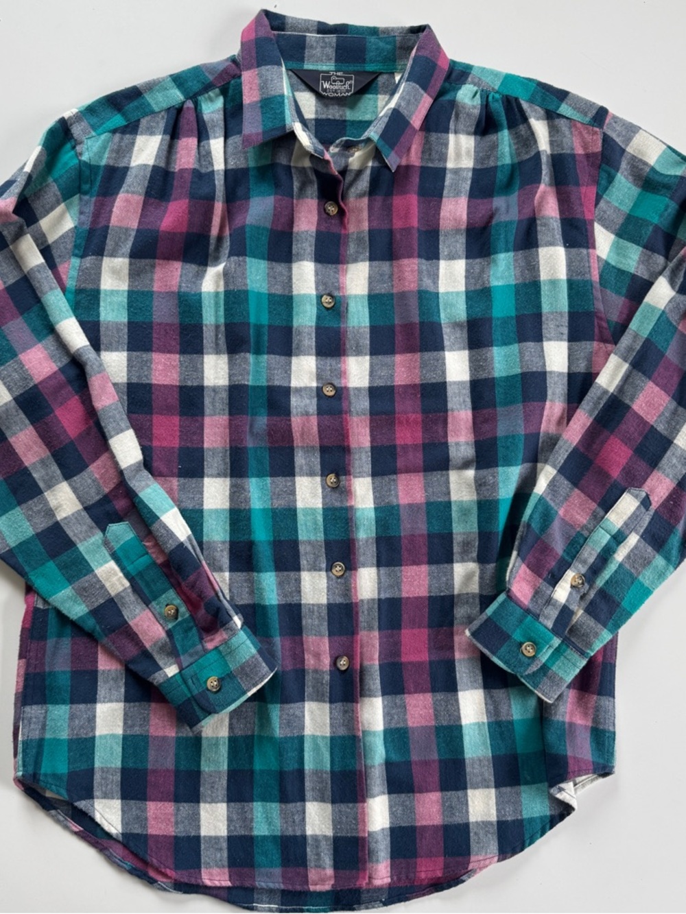 Vintage WOOLRICH Plaid Check Green Purple Blue Flannel Shirt Women Size 14 M
